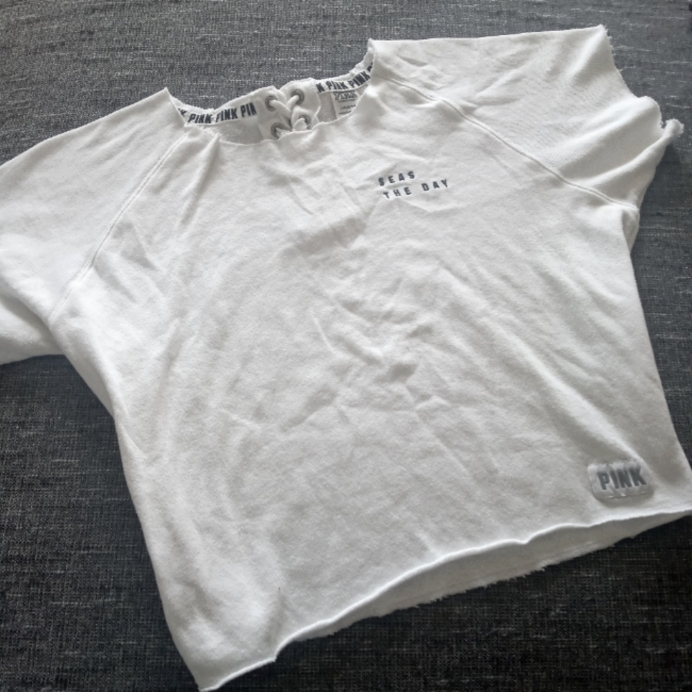 White Pink Victoria's Secret Seas the Day cut-off sweatshirt large